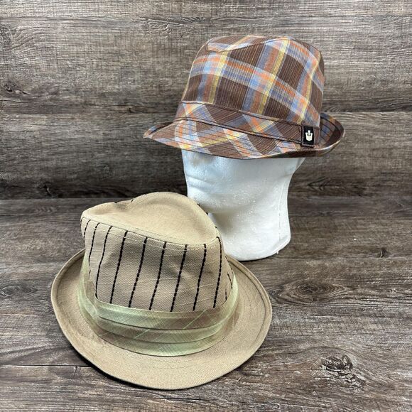 Goorin Bros Hat Fedora Mens Small Plaid Brown Tan Pinstripe Stylish Lot of 2 - Picture 1 of 6